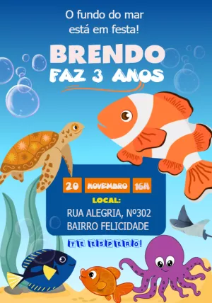 Convite de Aniversário Fundo do Mar com Peixinhos para Editar