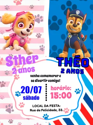 Convite Aniversário Duplo Patrulha Canina para Editar Online