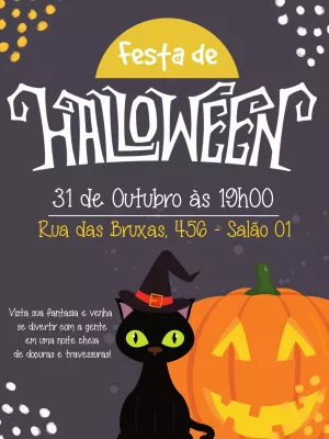 Convite de Halloween com Gato Preto e Abóbora para Editar