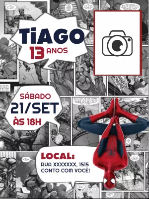 Convite Aniversário Homem-Aranha Quadrinhos com Foto para Editar