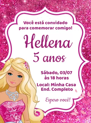 Convite Aniversário Barbie para Editar e Enviar Online