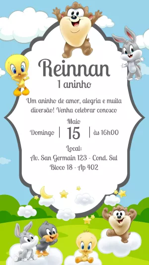 Convite Aniversário Looney Tunes Baby para Editar Online