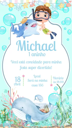 Convite Aniversário Fundo do Mar com Menino para Editar Online