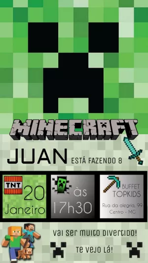 Convite Aniversário Minecraft com Creeper para Editar Online