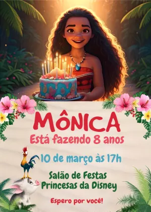 Convite de Aniversário Moana para Editar e Personalizar Online