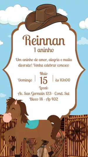 Convite de Aniversário Cowboy com Cavalinho para Editar