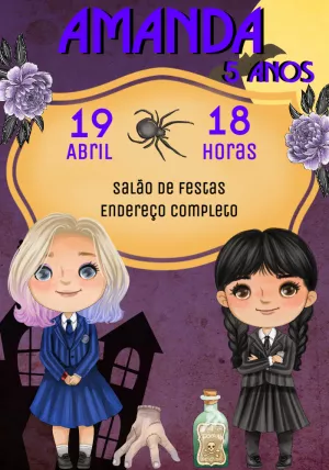 Convite Aniversário Wandinha Addams Cute para Editar Online