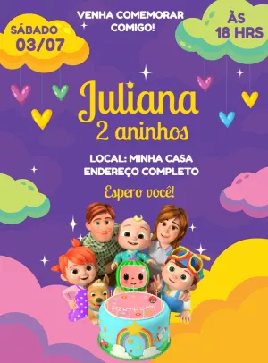 Convite Aniversário Cocomelon com a Turma para Editar Online