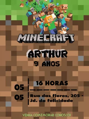 Convite de Aniversário Minecraft com Personagens para Editar Online