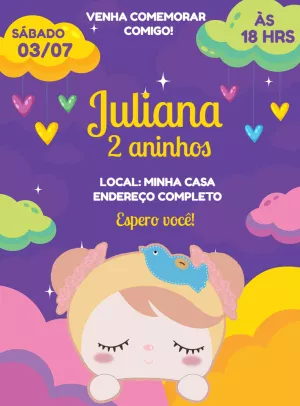 Convite Aniversário Boneca Metoo Fofa para Editar Online