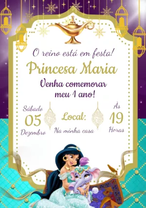 Convite de Aniversário Princesa Jasmine Editável Online