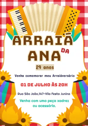 Convite Aniversário Festa Junina com Sanfona para Editar Online