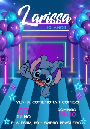 Convite de Aniversário Stitch Neon para Editar Online