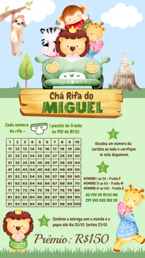 Convite Chá Rifa Safari com Animais Fofos para Editar Online