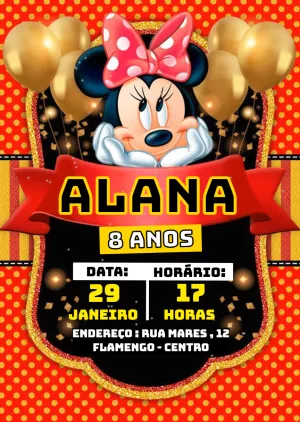 Convite Aniversário Minnie Vermelha e Dourada para Editar