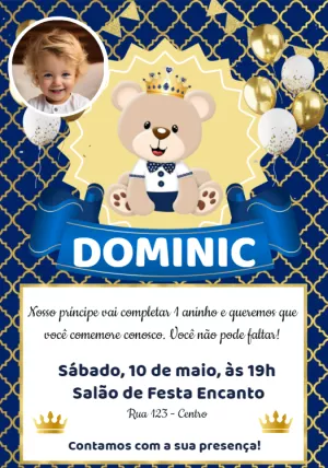Convite Aniversário Ursinho Príncipe com Foto para Editar
