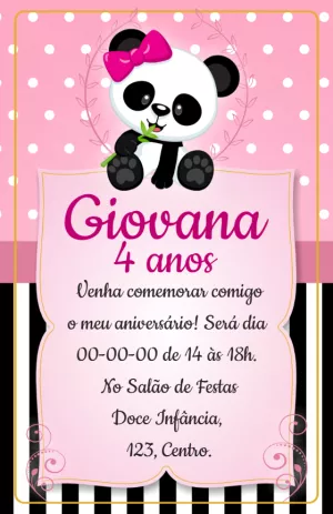 Convite de Aniversário Panda Rosa para Editar Online