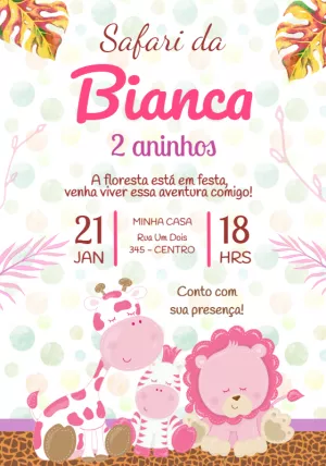 Convite Aniversário Safari Rosa com Animais para Editar Online