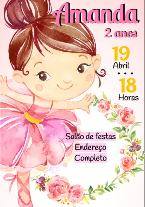 Convite de Aniversário Bailarina Aquarela para Editar Online