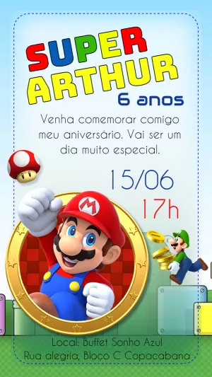 Convite de Aniversário Super Mario para Editar e Imprimir