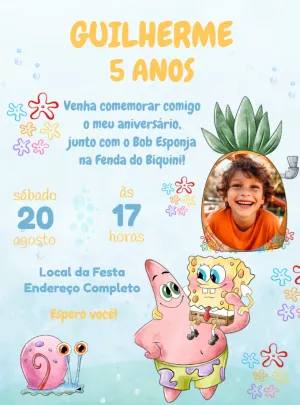 Convite Aniversário Bob Esponja com Foto para Editar Online
