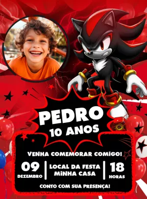 Convite de Aniversário Shadow Sonic com Foto para Editar Online