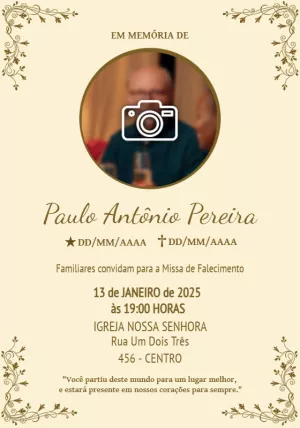 Convite Missa de Falecimento com Foto para Editar Online