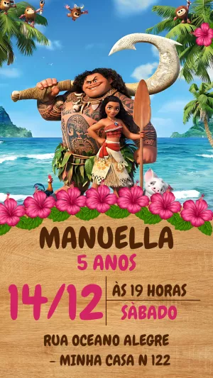 Convite de Aniversário Moana e Maui Editável Online