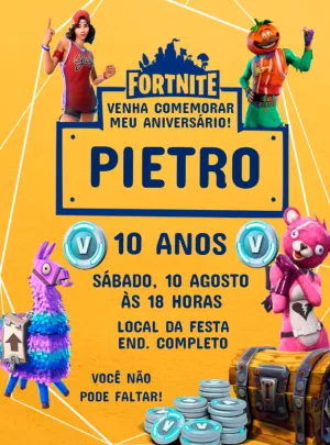 Convite Aniversário Fortnite com Personagens para Editar Online