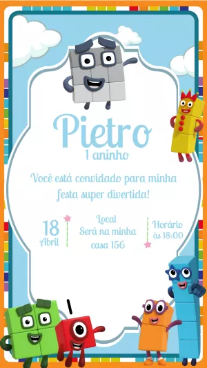 Convite Aniversário Numberblocks com Personagens para Editar