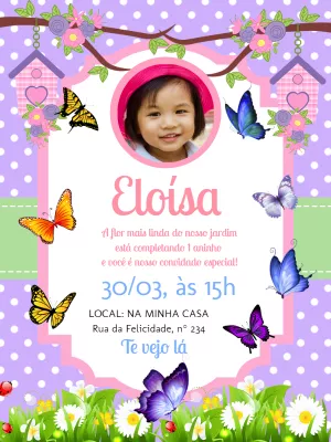 Convite Aniversário Jardim das Borboletas com Foto para Editar