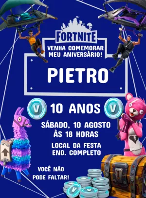 Convite Aniversário Fortnite com Personagens para Editar Online