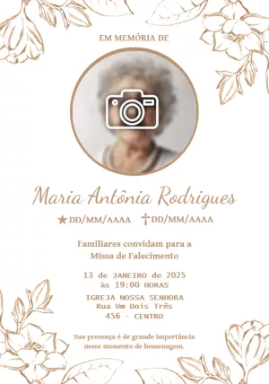 Convite Missa de Falecimento Floral com Foto para Editar