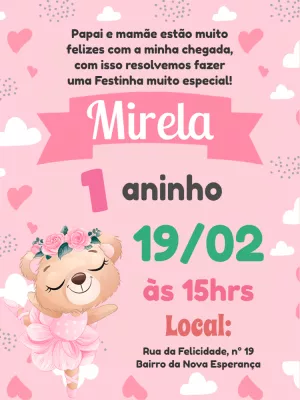 Convite de Aniversário Ursinha Bailarina para Editar Online
