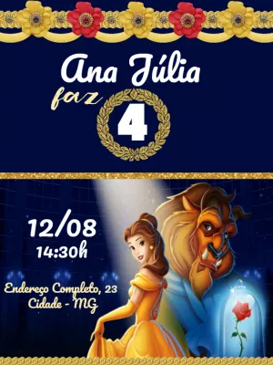 Convite de Aniversário A Bela e a Fera com Personagens para Editar