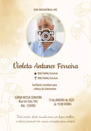 Convite Missa de Falecimento Floral com Foto para Editar Online