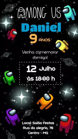 Convite Aniversário Among Us com Personagens para Editar Online