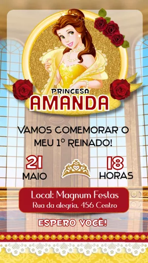 Convite Aniversário Princesa Bela para Editar Online