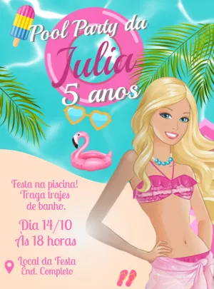 Convite Aniversário Barbie Pool Party para Editar Online
