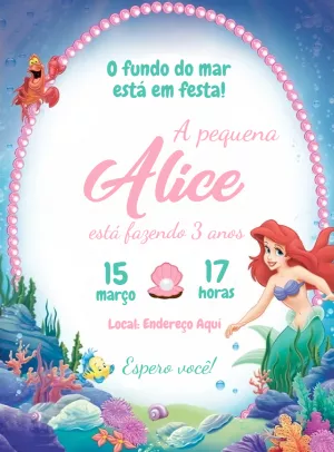Convite Aniversário Pequena Sereia com Ariel para Editar Online