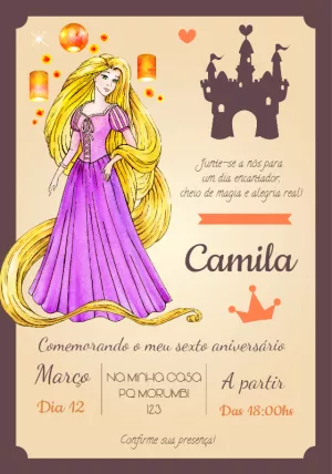 Convite de Aniversário Rapunzel Editável para Imprimir