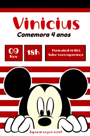 Convite de Aniversário Mickey Mouse Clássico para Editar Online