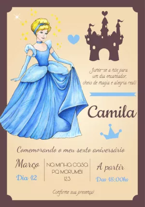 Convite de Aniversário Cinderela Editável para Imprimir