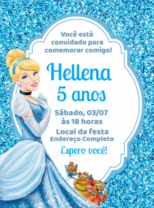 Convite Aniversário Cinderela com Glitter para Editar Online