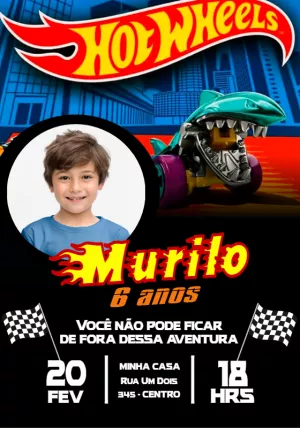 Convite de Aniversário Hot Wheels com Foto para Editar Online