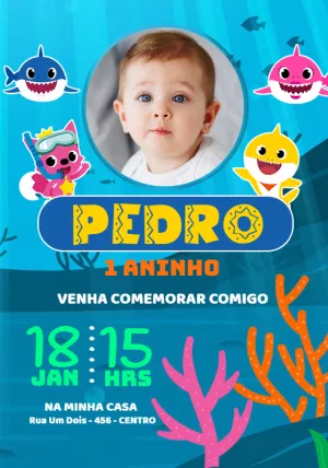 Convite Aniversário Baby Shark com Foto para Editar Online