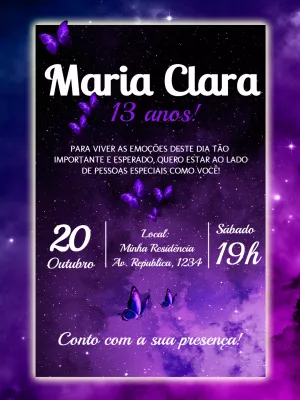 Convite de Aniversário Galáxia com Borboletas para Editar