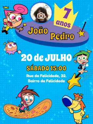 Convite Aniversário Padrinhos Mágicos com Foto para Editar