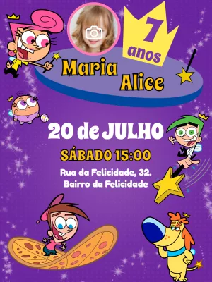 Convite Aniversário Padrinhos Mágicos com Foto para Editar