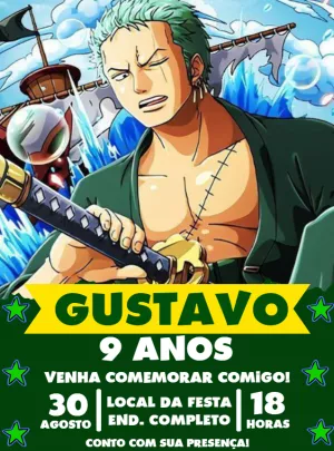 Convite de Aniversário Zoro One Piece para Editar Online